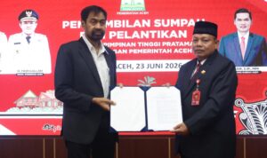 Gubernur Aceh, Muzakir Manaf, melantik Dr. Misran Fuadi, S.Ag., MAP sebagai Kepala Dinas Syariat Islam Aceh dalam sebuah prosesi pelantikan yang berlangsung di Pendopo Gubernur Aceh, Selasa (23/6/2026).